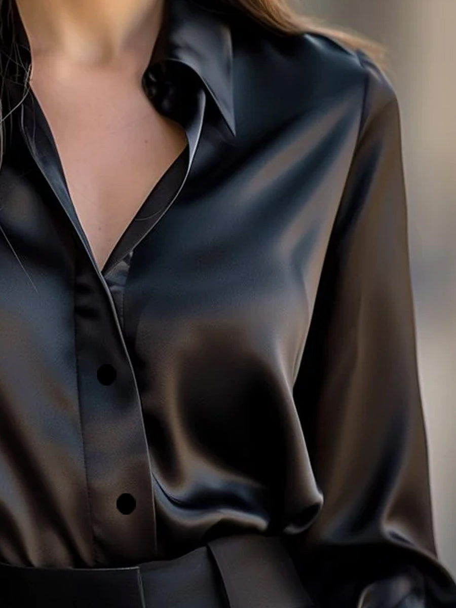 Elegant Black Satin Long Sleeves Blouse