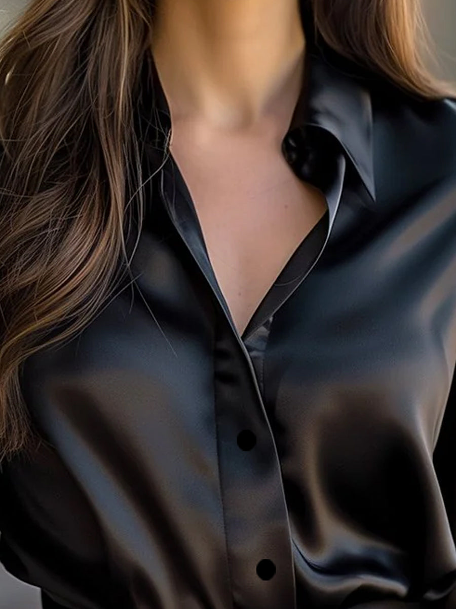 Elegant Black Satin Long Sleeves Blouse